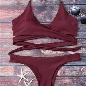 Zaful Low Waisted Wrap Burgundy Bikini Set
